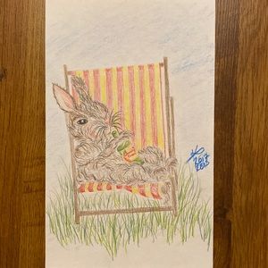 Unframed Original Art Pencil Crayon Drawing Illustration Bunny Lounging w Wine